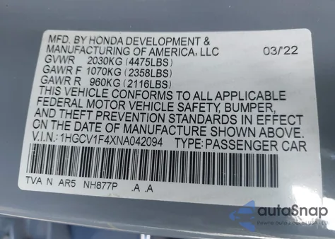 2022 Honda Accord Sport Special Edition from USA, damaged, VIN 1HGCV1F4XNA042094